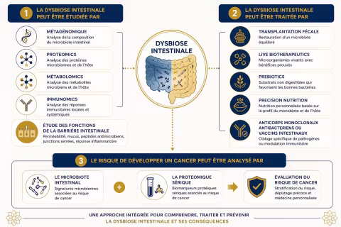 La dysbiose intestinale et ses conséquences. Une approche intégrée pour comprendre, traiter et prévenir. Schéma explicatif en 3 grandes parties : 1. les moyens d'étude de la dysbiose intestinale. 2. Les traitements possibles de la dysbiose intestinale. 3. L'analyse du risque de développer un cancer